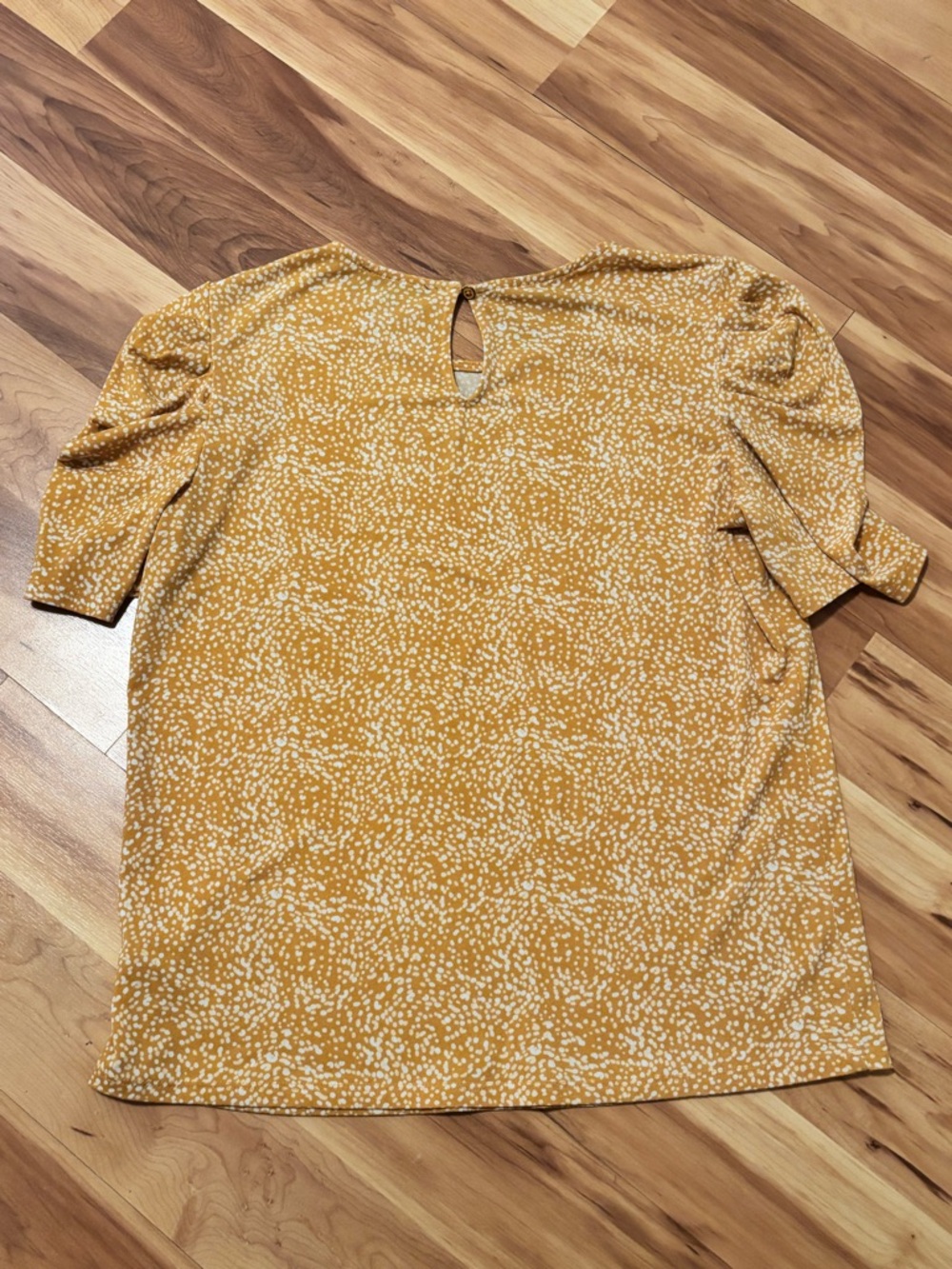 Adrianna Papell Mustard Yellow White Polka Dot Puff Sleeve Floral Blouse Size S - Picture 4 of 5